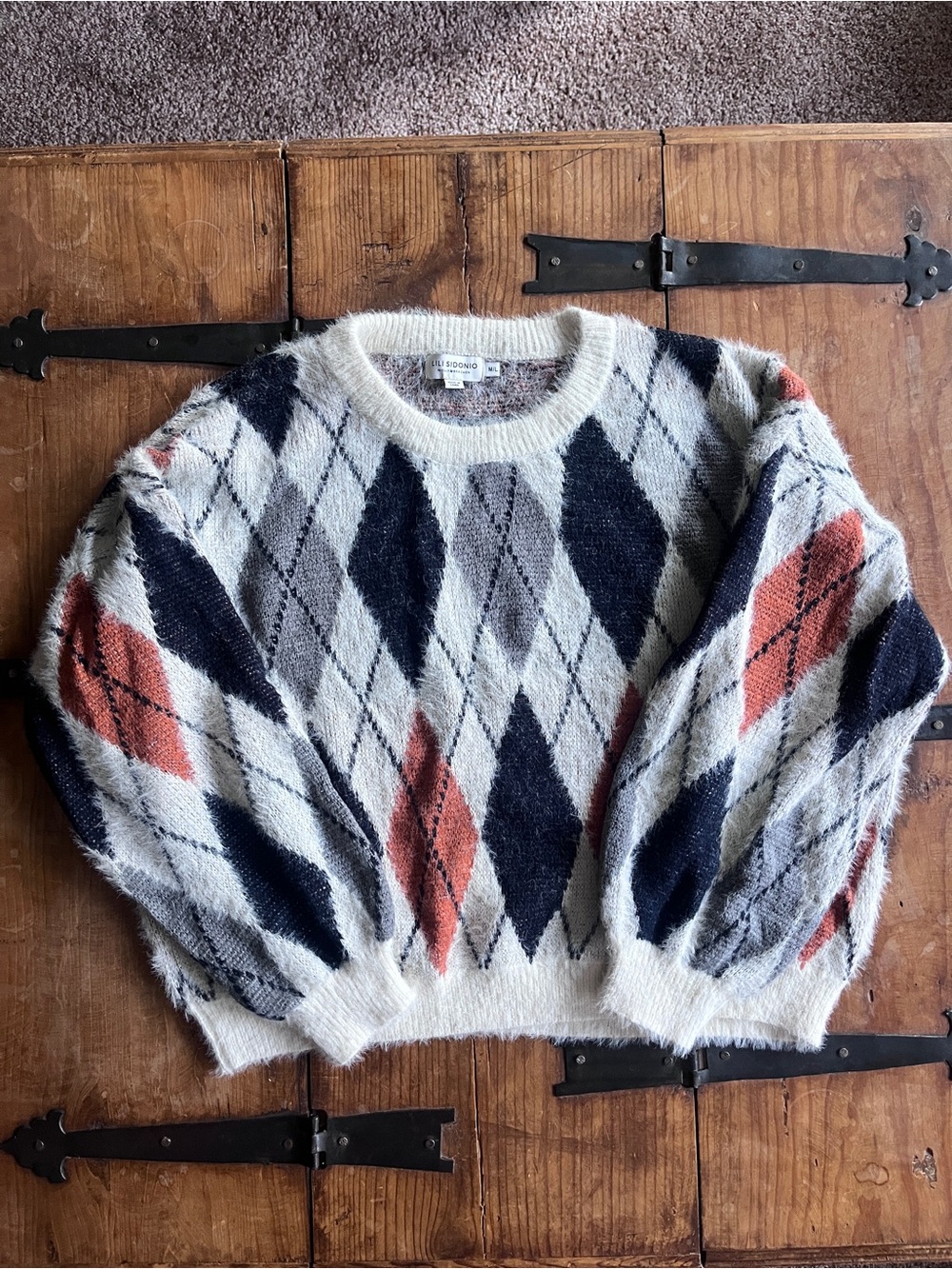 Argyle Crewneck Sweater in Ivory, Black & Rust
